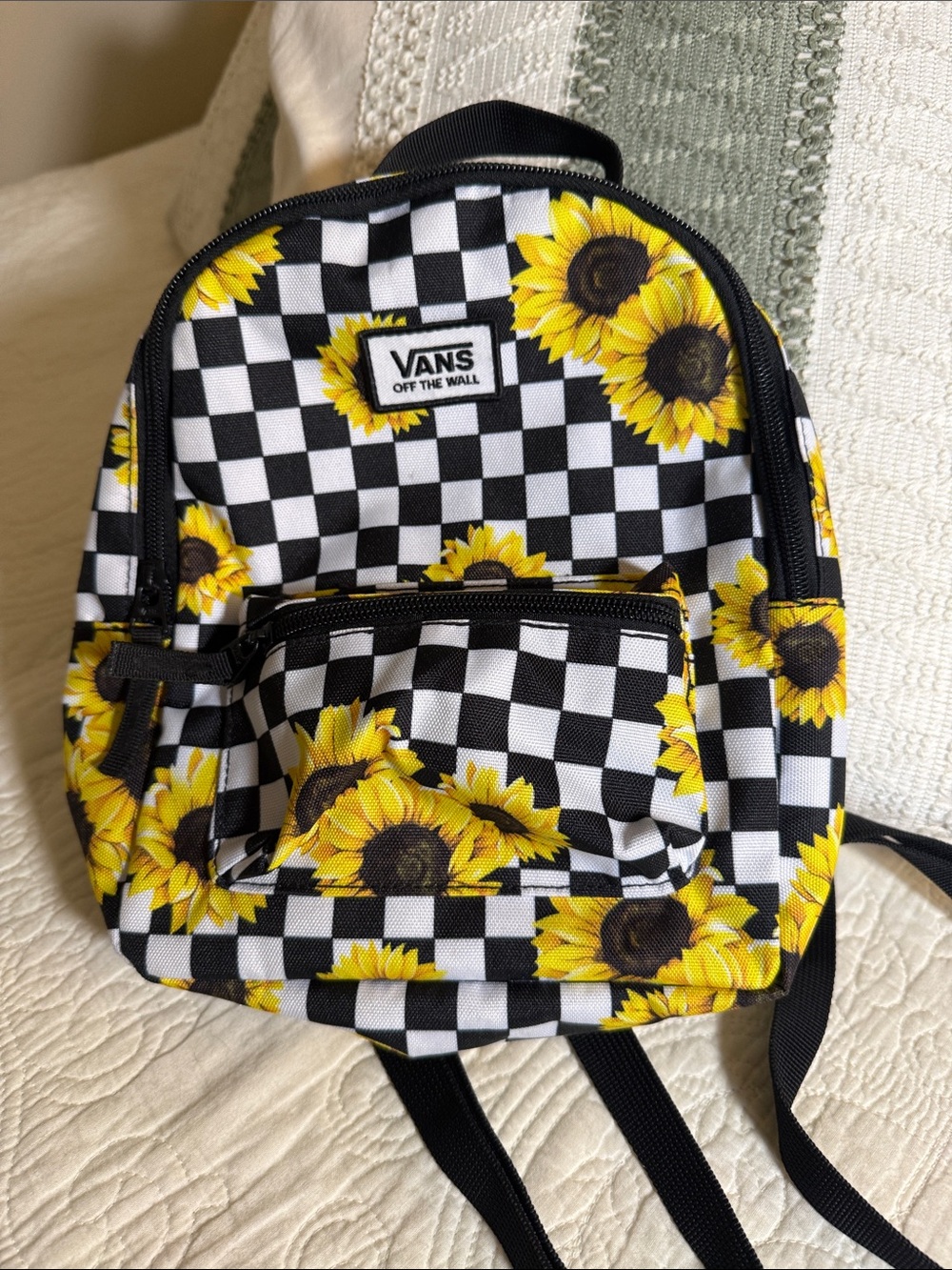 Vans Black/White Checkered Mini Backpack with Yellow Sunflowers Backpack - Picture 1 of 6